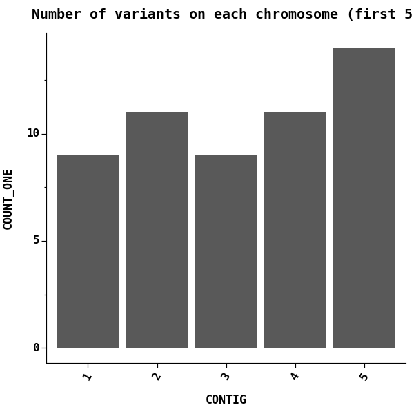 Number of variants on each chromosome (first 5)